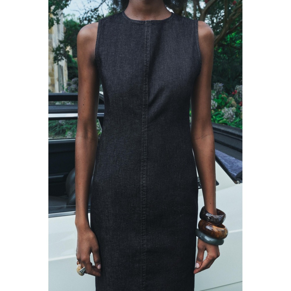 ZARA Sleeveless Backless Denim Midi Dress Dark Wash Back Zip‎ Slit Size Small - Picture 2 of 9